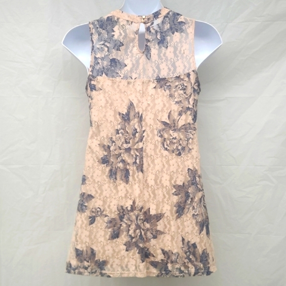 Lace Mini Dress Tunic Sweetheart Neck Pastel Peach Blu Gray Rose Floral Coquette - Picture 11 of 11